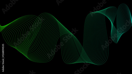 Vector curvy abstract line art wavy flowing dynamic colors black background in concept music or sound, wave, wind, information flow, white	