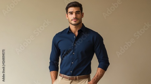 A man poses in a navy shirt and khaki pants