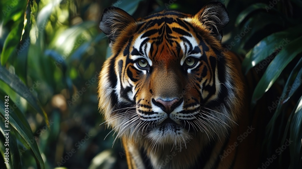 Majestic tiger, jungle foliage, intense stare, wildlife conservation Majestic tiger, jungle foliage, intense stare, wildlife conservation