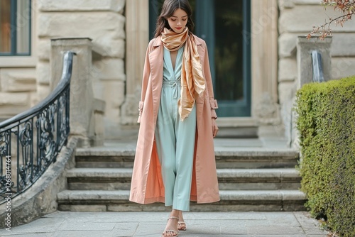 Wallpaper Mural Elegant woman in jumpsuit, trench coat and scarf standing on steps of a building, presenting a sophisticated and stylish fashion statement with a touch of class. Torontodigital.ca