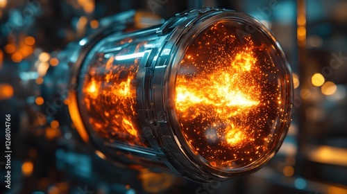 Futuristic reactor core glowing, fiery energy, industrial setting, technology concept