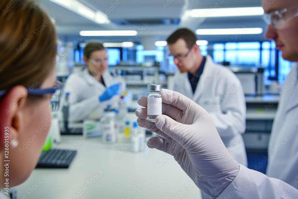 A gloved hand holds a vaccine vial in a laboratory, symbolizing medical research, with scientists in the background conducting experiments for pharmaceutical development A gloved hand holds a vaccine vial in a laboratory, symbolizing medical research, with scientists in the background conducting experiments for pharmaceutical development