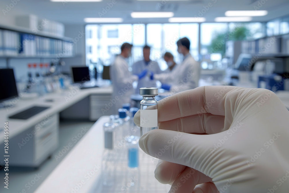 Gloved hand presents a vaccine vial in a busy lab setting, highlighting teamwork and innovation in medical research and pharmaceutical advancement for global health Gloved hand presents a vaccine vial in a busy lab setting, highlighting teamwork and innovation in medical research and pharmaceutical advancement for global health