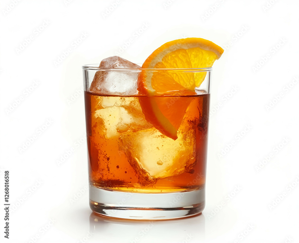 An old fashioned in a rocks glass with a large ice cube and an orange peel. Generative AI An old fashioned in a rocks glass with a large ice cube and an orange peel. Generative AI