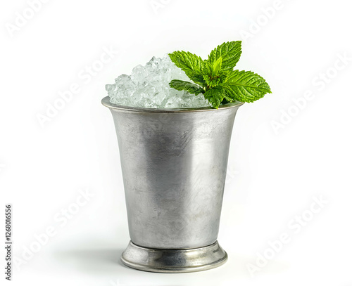 A mint julep in a silver cup with crushed ice and fresh mint sprigs. Generative AI