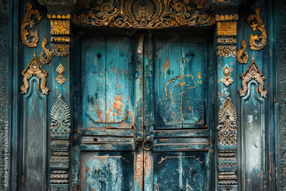 Intricately carved turquoise wooden door with ornate details and weathered texture, showcasing craftsmanship and history in a vibrant cultural setting Intricately carved turquoise wooden door with ornate details and weathered texture, showcasing craftsmanship and history in a vibrant cultural setting