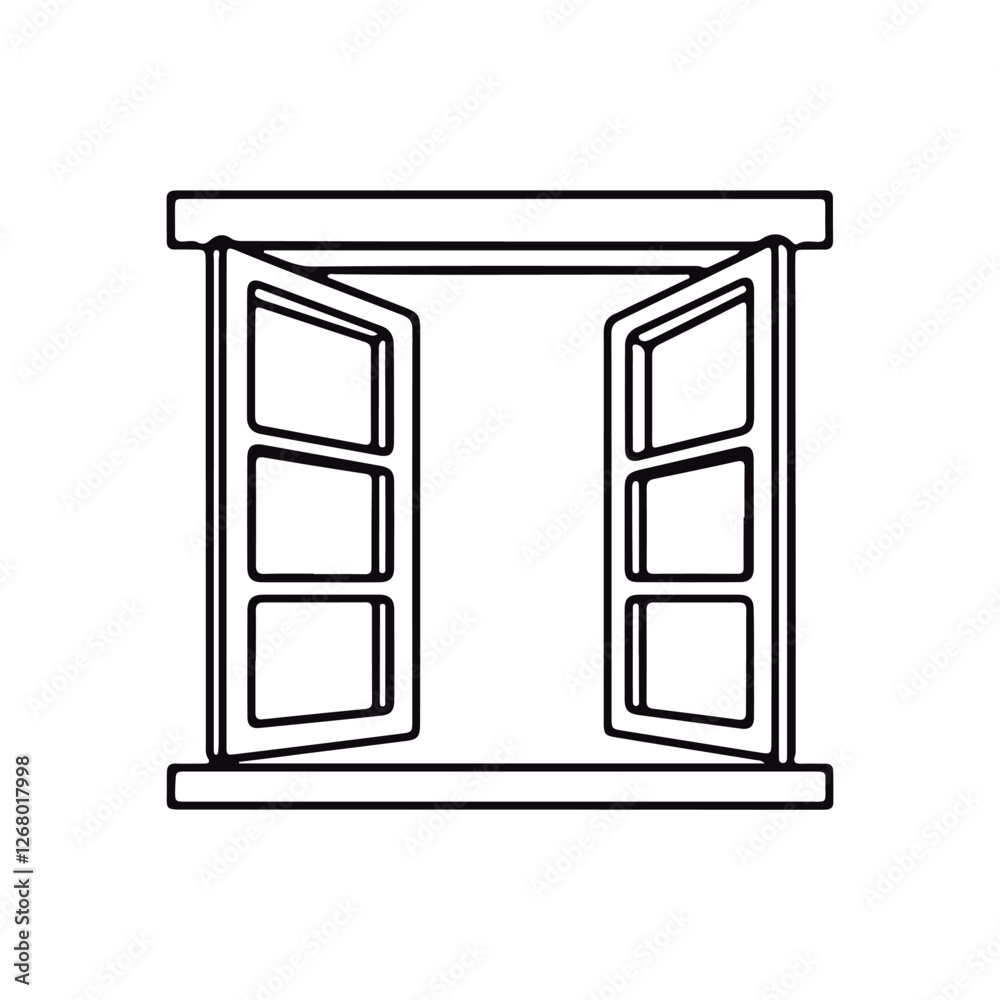 Line art and open window drawing. Linear vector symbol. white backdrop
Line art and open window drawing. Linear vector symbol. white backdrop