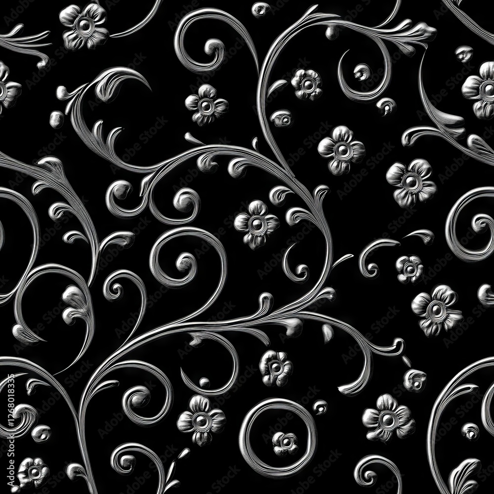 Seamless Pattern - Elegant silver floral design on black background Seamless Pattern - Elegant silver floral design on black background