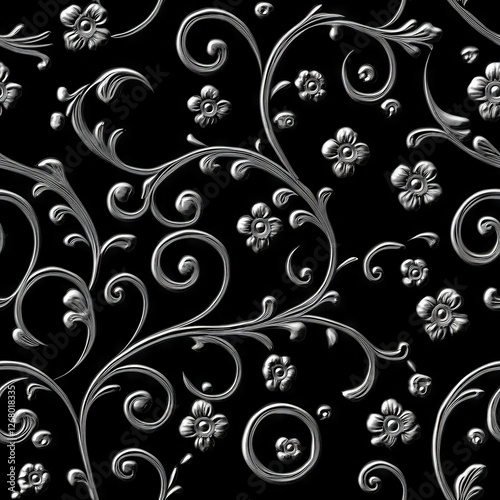 Seamless Pattern - Elegant silver floral design on black background