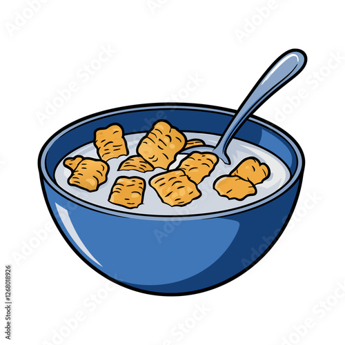 Blue Bowl of Crispy Golden Cereal with Milk and Spoon - Delicious Breakfast Icon