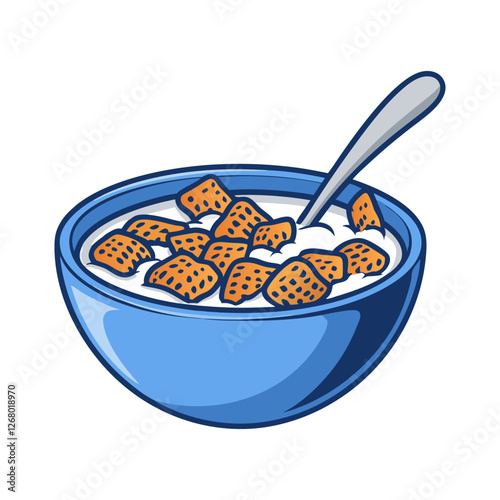 Blue Bowl of Crispy Golden Cereal with Milk and Spoon - Delicious Breakfast Icon