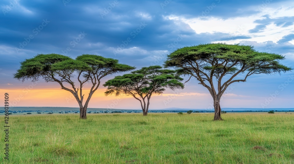 African Sunset Silhouette: Three acacia trees stand tall against a breathtaking African sunset, their silhouettes stark against a vibrant sky filled with dramatic clouds. African Sunset Silhouette: Three acacia trees stand tall against a breathtaking African sunset, their silhouettes stark against a vibrant sky filled with dramatic clouds.