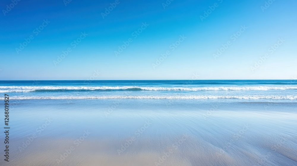 Tranquil Coastal Horizon: A serene seascape of endless blue sky and gently lapping waves on a pristine sandy beach. The scene evokes a sense of peace and tranquility. Tranquil Coastal Horizon: A serene seascape of endless blue sky and gently lapping waves on a pristine sandy beach. The scene evokes a sense of peace and tranquility.