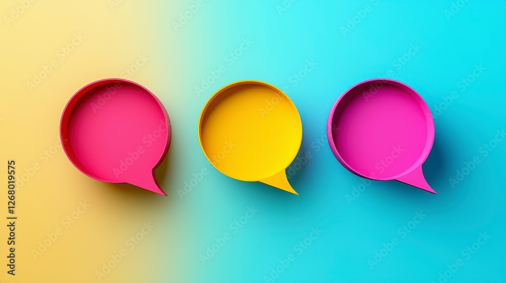 This image features three bold speech bubbles in pink, yellow, and purple, contrasted against a split yellow and blue background, symbolizing dialogue and communication. This image features three bold speech bubbles in pink, yellow, and purple, contrasted against a split yellow and blue background, symbolizing dialogue and communication.