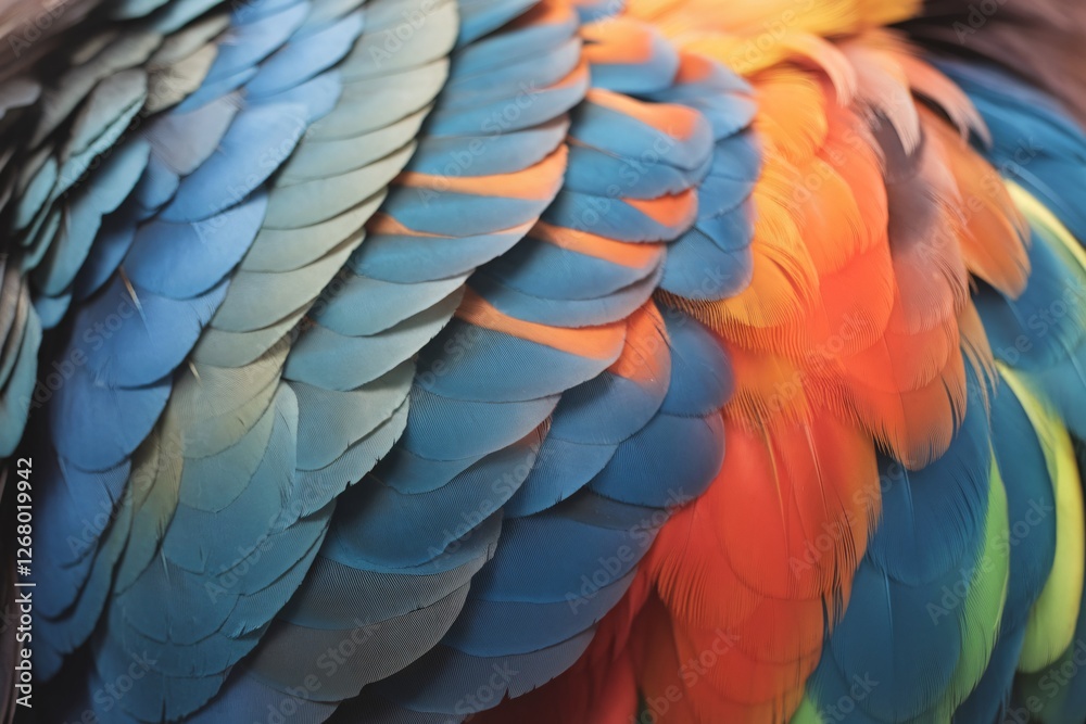 Fototapeta premium Close-up of vibrant feathers in shades of blue, orange, and yellow, showcasing intricate details and textures.