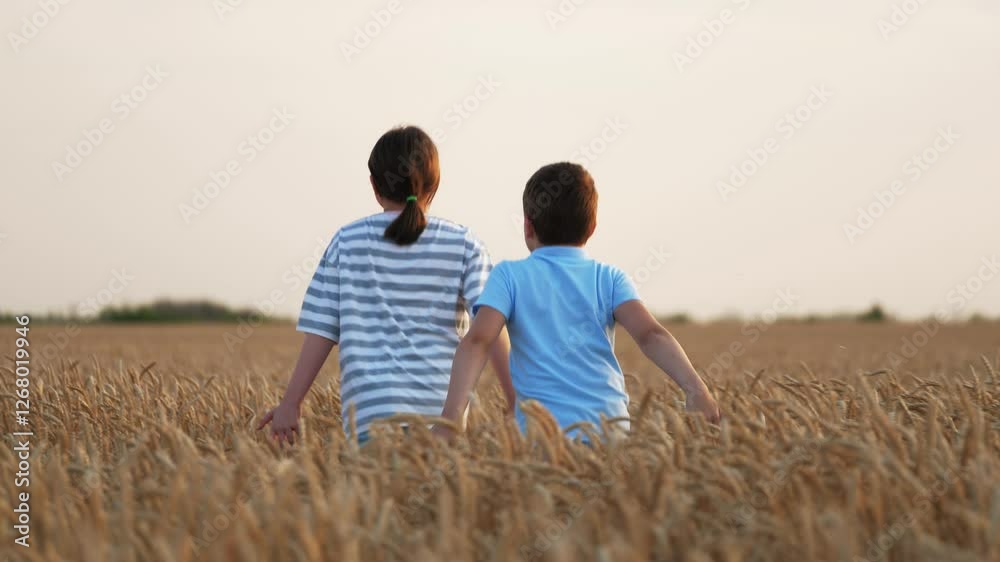 Joyful kids run through wheat field, back rear view. Funny siblings kids running across agricultural field. Kids feel lightness freedom carelessness. Children enthusiastically cross rush across meadow