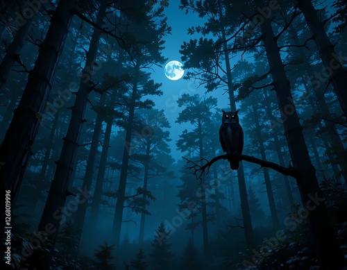 An Owl Sits Quietly On a Branch In a Shadowy Forest, Illuminated By Soft Moonlight