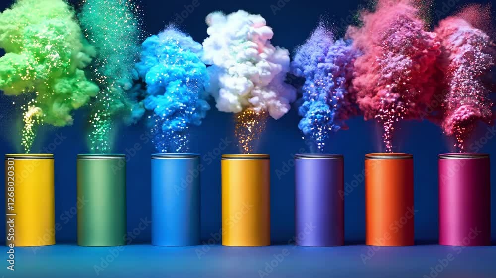 Colorful clouds burst from open cans over blue background, creating a dynamic display of vivid hues and sparkling particles that captivate the senses