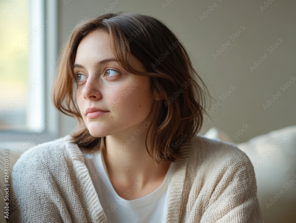 woman looking out of window wearing cardigan woman looking out of window wearing cardigan