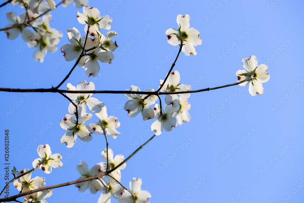 dogwood tree blossoms in spring southern Maryland white blue sky closeup dogwood tree blossoms in spring southern Maryland white blue sky closeup