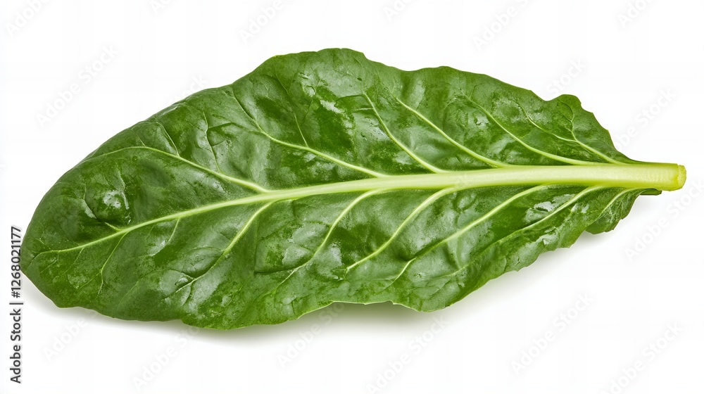 Single vibrant green chard leaf isolated on white background. Healthy eating, freshness. Single vibrant green chard leaf isolated on white background. Healthy eating, freshness.