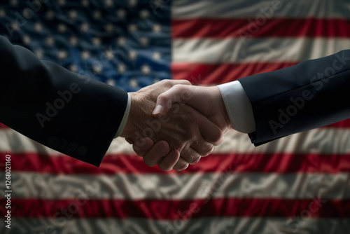 Two men in suits shake hands in front of American flag. Handshaking of two politicians, close up. Concept of agreement, diplomacy and partnership