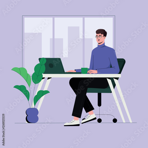 A minimalist and modern vector illustration of a young man working on his laptop. Stylish office space