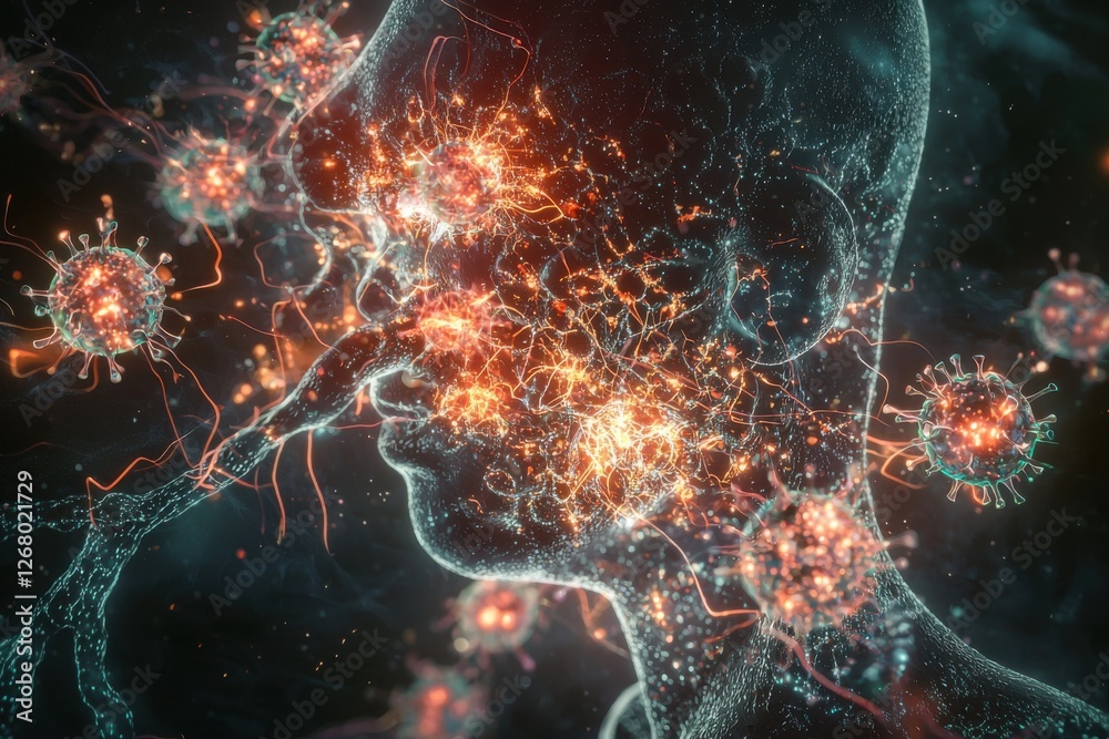 A detailed depiction of virus cells attacking a human head, illustrating the infection and potential damage to brain and nervous system tissues. A detailed depiction of virus cells attacking a human head, illustrating the infection and potential damage to brain and nervous system tissues.