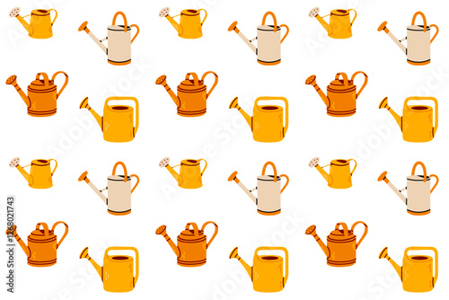 Seamless pattern of yellow and orange watering cans. Hand-drawn vector background for gardening, textiles, and nature-themed designs.