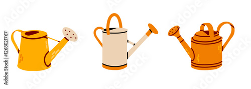 Vector set of multicolored cartoon watering cans isolated on white background. Clipart collection of gardening tools. Hand-drawn flat elements for stickers.