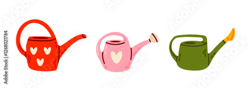 Vector set of multicolored cartoon watering cans isolated on white background. Clipart collection of gardening tools. Hand-drawn flat elements for stickers.