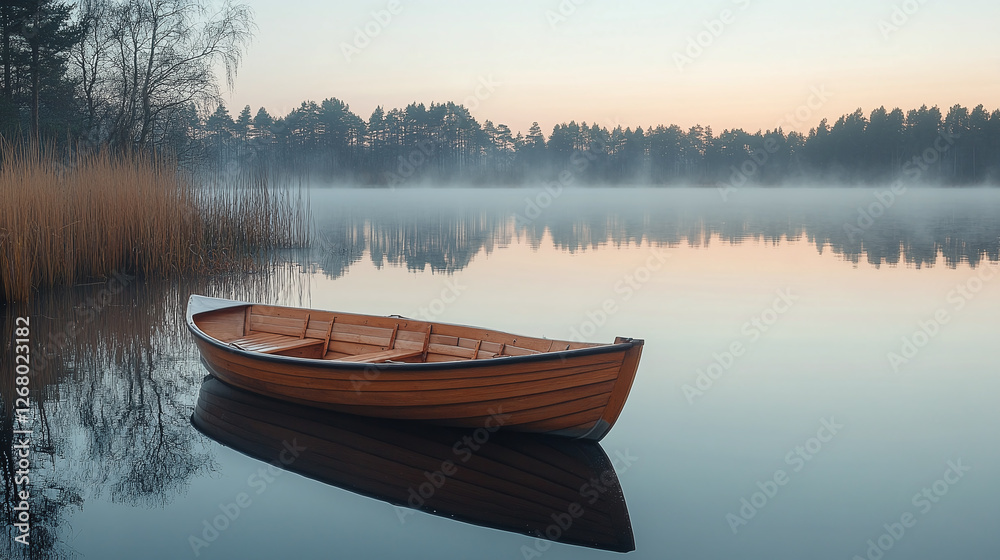 Idyllic lake scene with a wooden rowboat on tranquil water, reflecting trees and misty sky, evoking peace and serenity. Idyllic lake scene with a wooden rowboat on tranquil water, reflecting trees and misty sky, evoking peace and serenity.