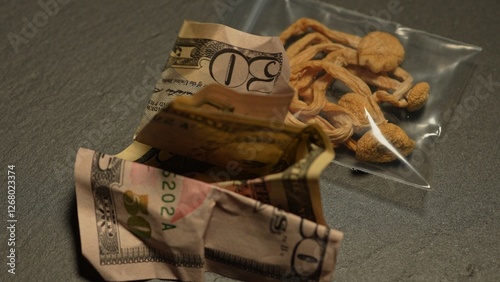 Photos Table of drug dealer with Magic mushrooms in small bag
