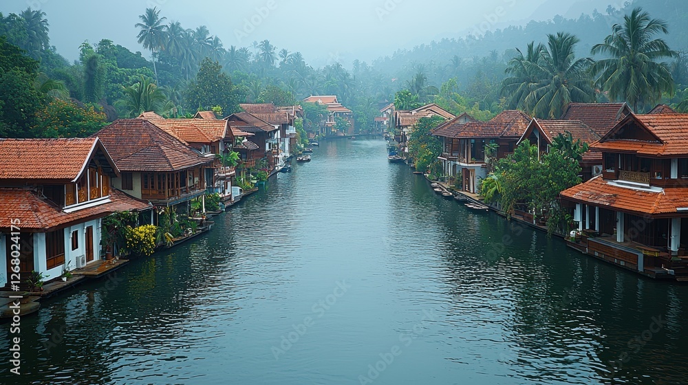 Obraz premium Serene riverside houses surrounded by lush greenery and misty mountains.