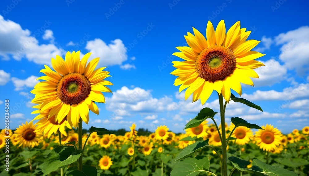 Un campo de girasoles bajo un cielo azul con nubes blancas Un campo de girasoles bajo un cielo azul con nubes blancas