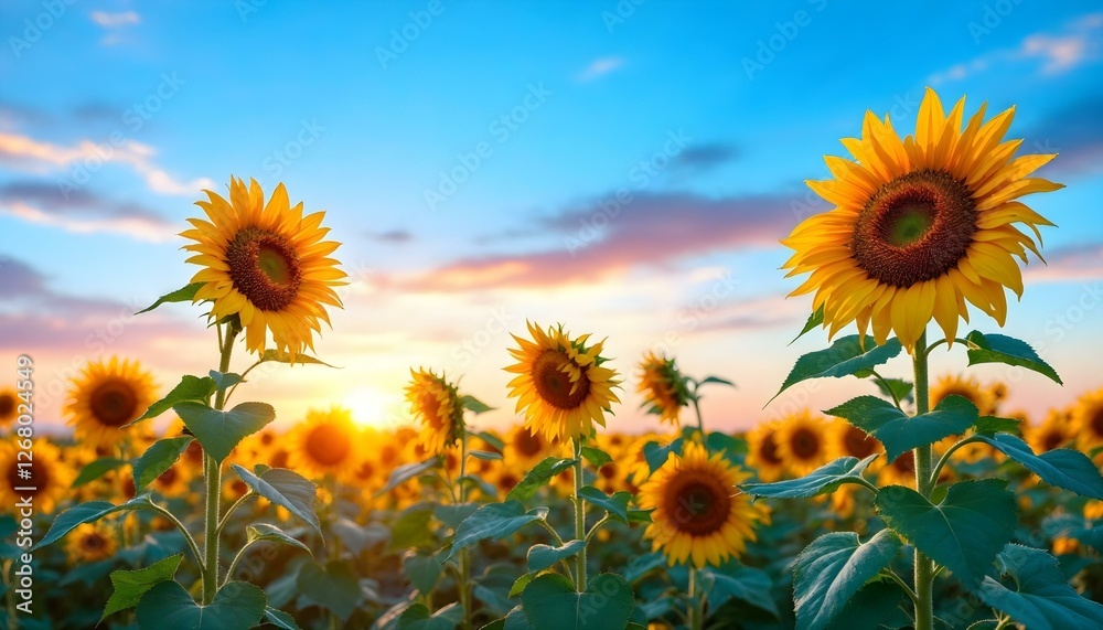 Fototapeta premium Un campo de girasoles bajo un cielo azul con nubes blancas