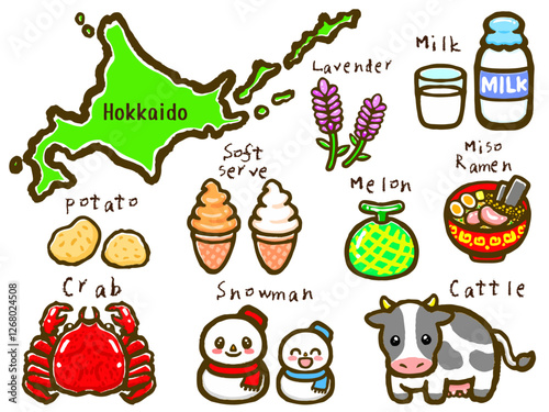 北海道の特産品アイコンの落書き風イラスト素材セット3