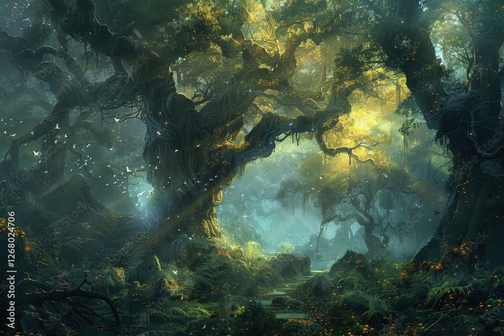 Majestic ancient tree surrounded by lush greenery and soft sunlight in a tranquil forest setting