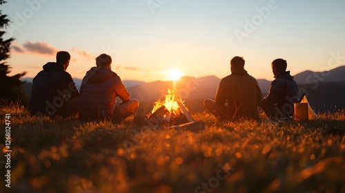Evening campfire gathering mountain landscape outdoor lifestyle sunset viewpoint friendship concept for relaxation and connection