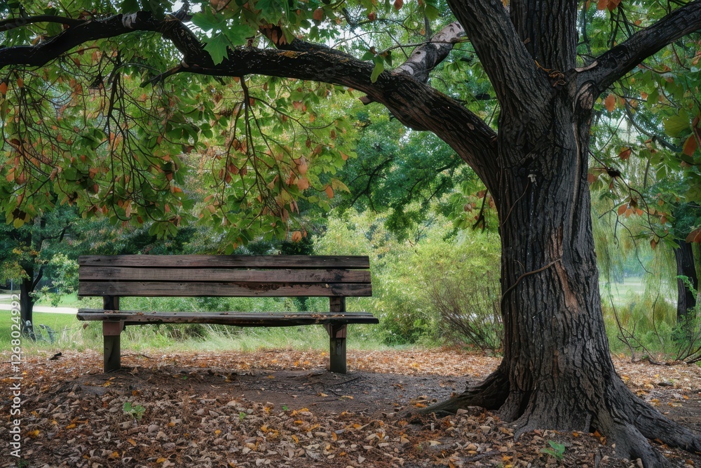 Relaxing under a large tree with a wooden bench in a serene landscape on a cloudy day Relaxing under a large tree with a wooden bench in a serene landscape on a cloudy day