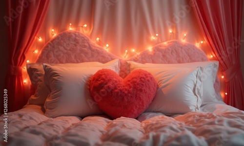 Red heart shaped pillow lies on the bed in a cozy bedroom. The pillow is soft and fluffy