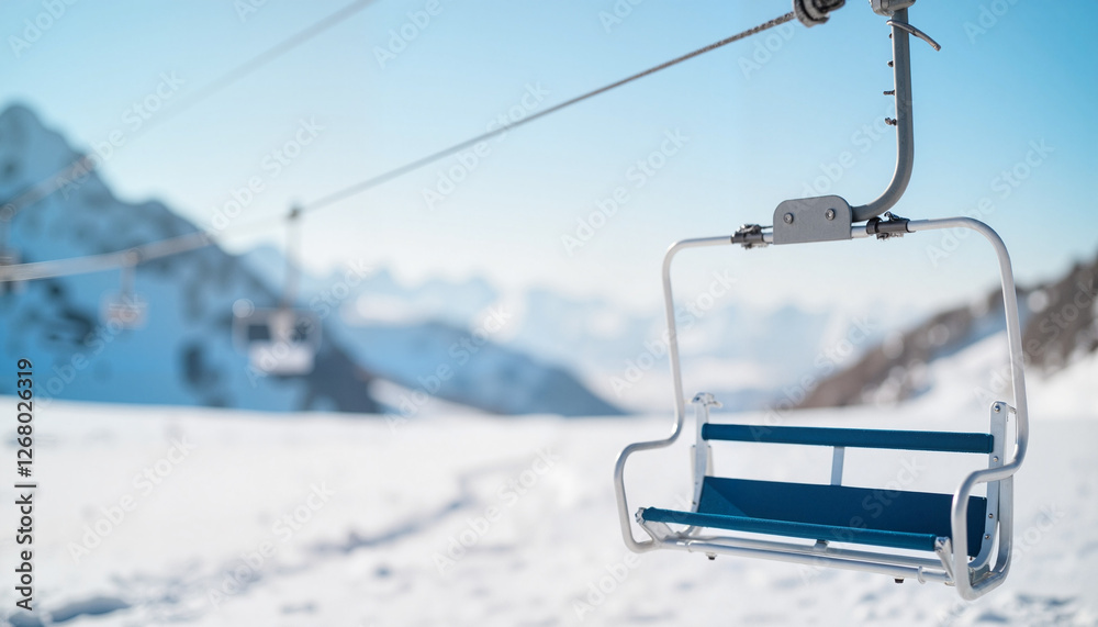 Empty ski lift chair against snowy mountains, winter adventure