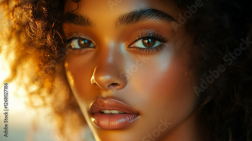 Captivating close-up of a young woman with curly hair in golden hour lighting