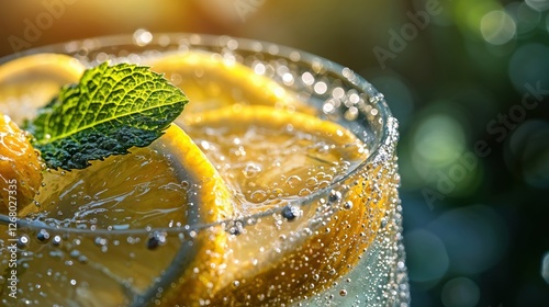 Bubbles rise in a glass filled with sparkling water, garnished with fresh lemon slices and a sprig of mint, capturing the essence of summer and freshness in warm sunlight.