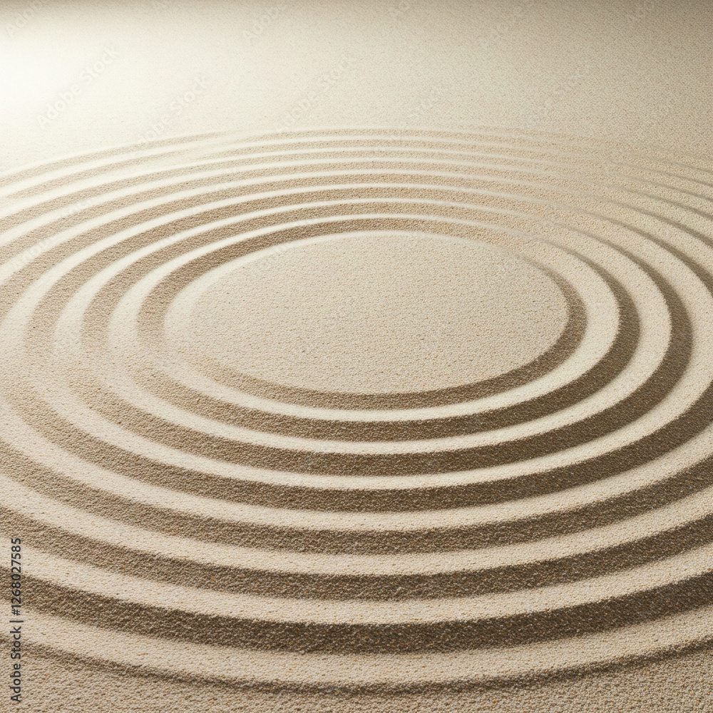 A tranquil Japanese zen garden with meticulously raked sand forming concentric circles. A tranquil Japanese zen garden with meticulously raked sand forming concentric circles.