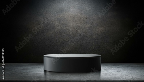 3d product table in an empty studio facing a black wall is set up for presentation on a podium with a concrete dark surface