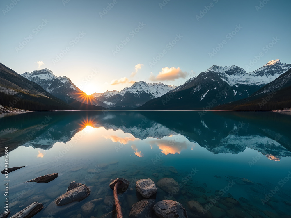 Obraz premium A breathtaking view of the Canadian Rockies at sunrise, with snow-capped peaks reflecting in the crystal-clear waters of a turquoise alpine lake with some clouds