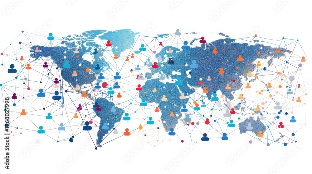 Obraz premium Global business landscape with diverse professionals analyzing data and exchanging insights, focusing on customer connections and HR recruitment