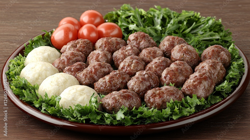 Meatballs, dumplings, salad, garnish, platter. Food photography for menu Meatballs, dumplings, salad, garnish, platter. Food photography for menu