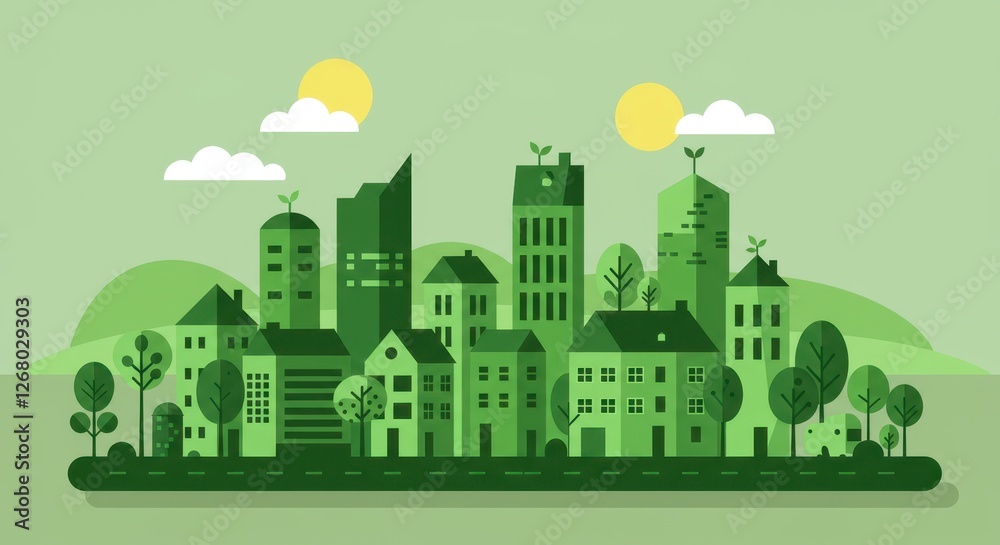 A modern flat illustration of an eco-friendly city seamlessly blending urban and natural elements A modern flat illustration of an eco-friendly city seamlessly blending urban and natural elements